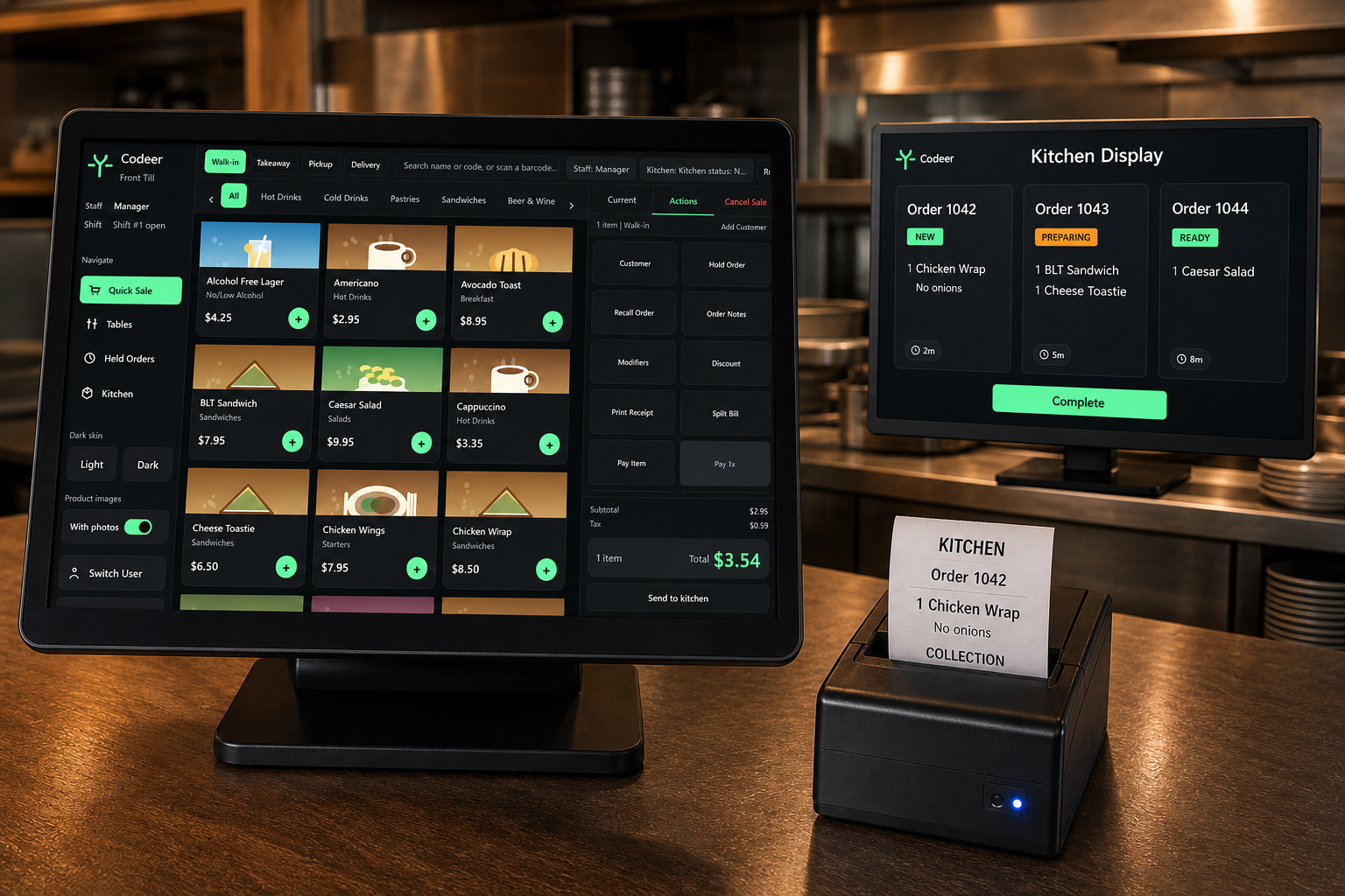 Codeer restaurant till connected to a kitchen display and ticket printer